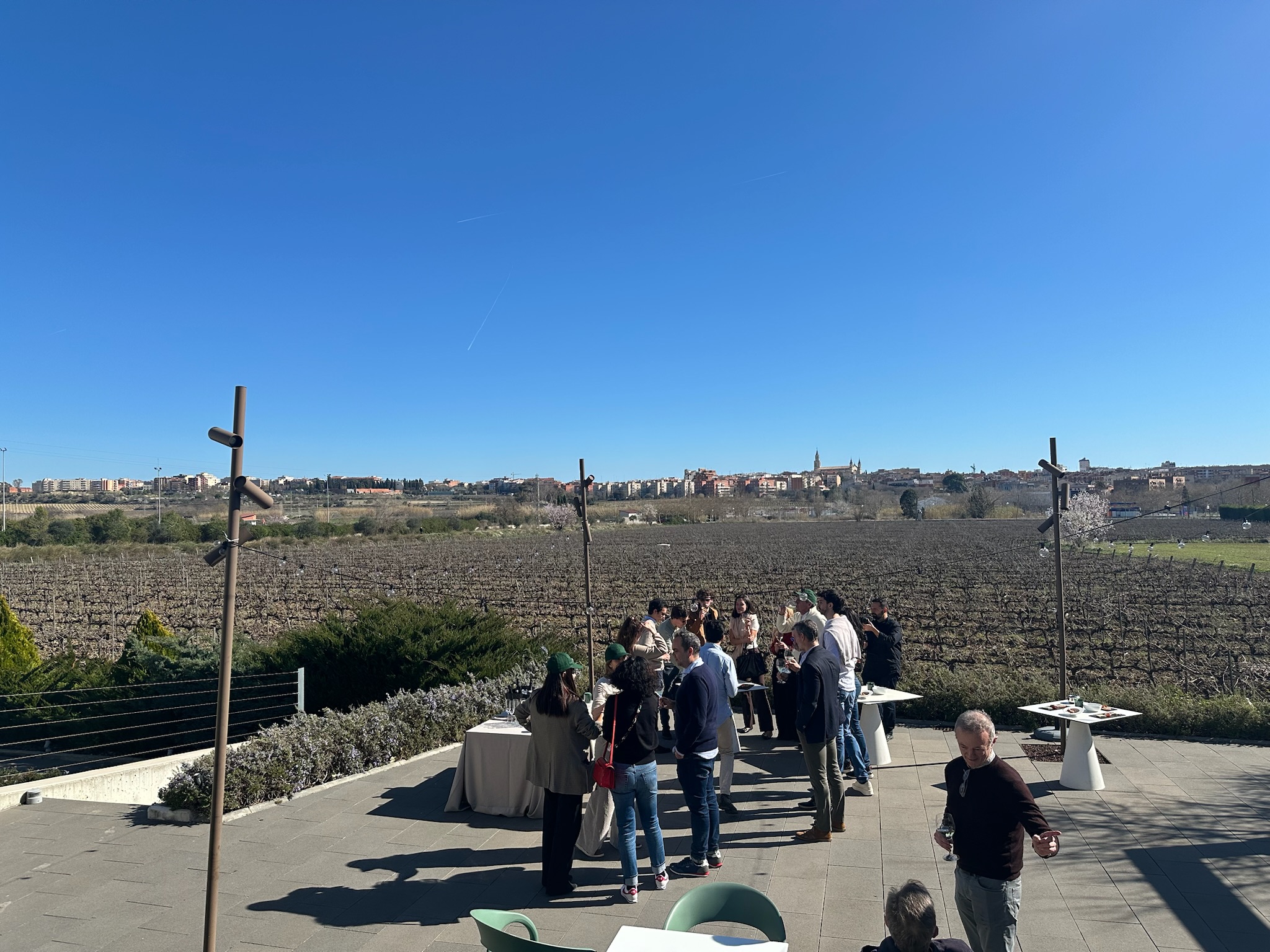 A group of people enjoying a tour of a vineyard
