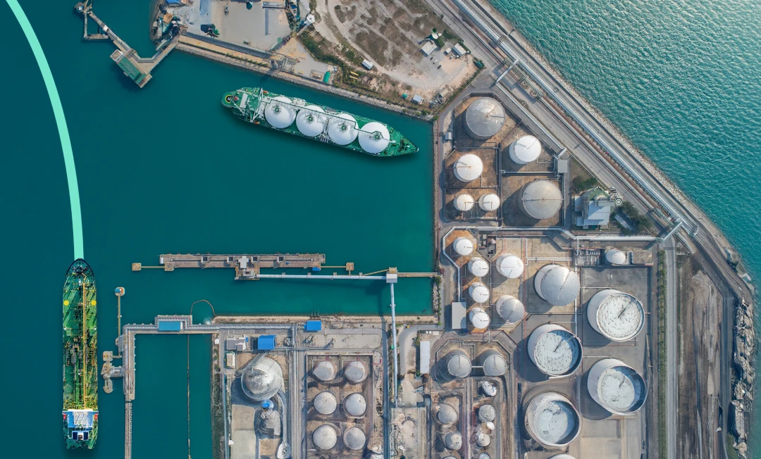 Satellite image of a dock with energy silos