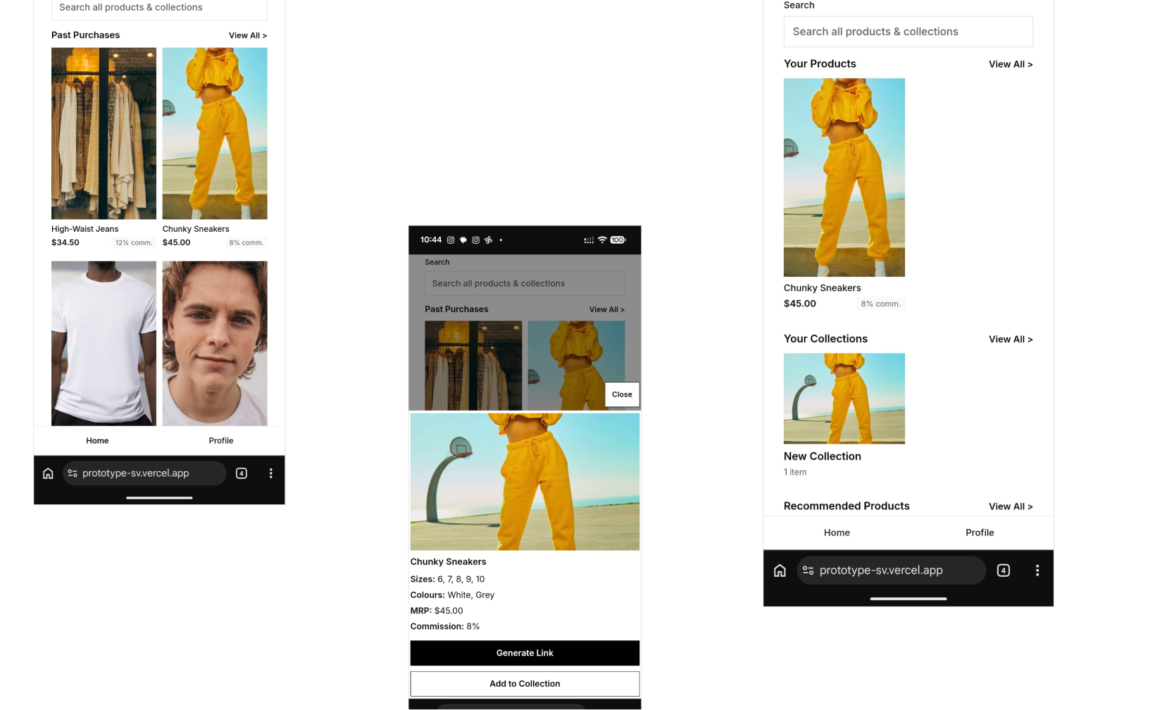 Interactive Cursor and Vercel prototype screens for past purchases and generate link flows