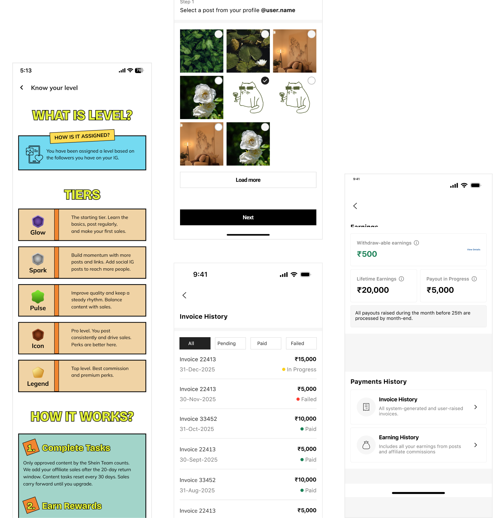 Sheinverse UI screens for creator levels, post selection, invoice history, and earnings