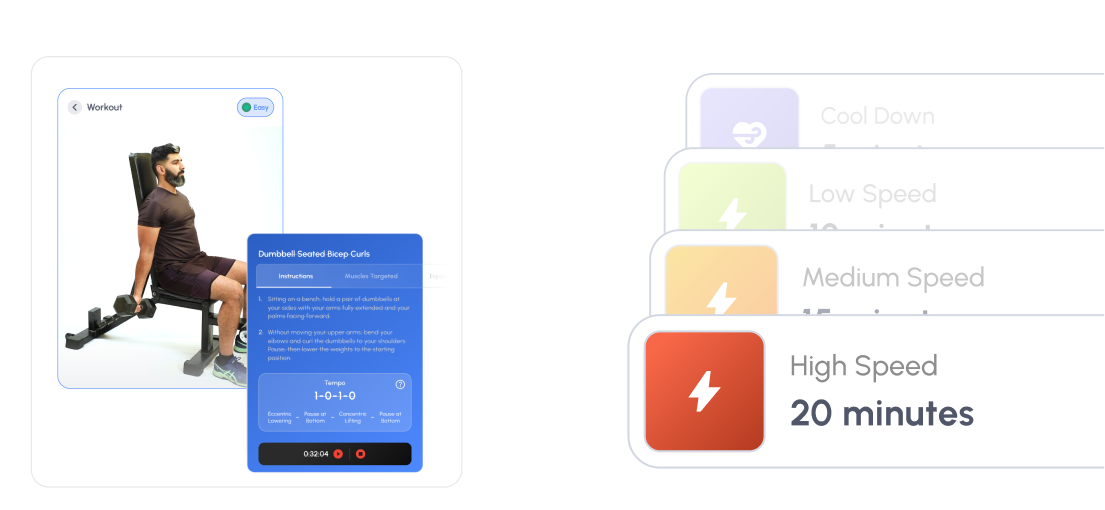 Altfit app UI showing workout instructions and intensity selection cards