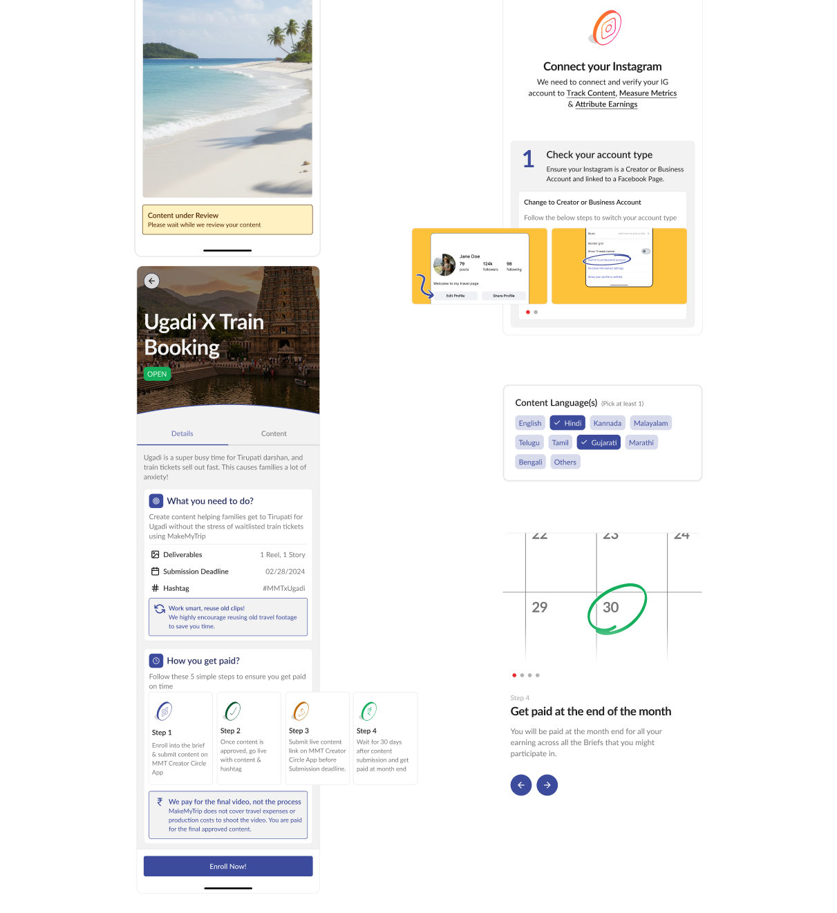 MakeMyTrip Creator Circle UI screens for briefs, Instagram connect, languages, and payouts