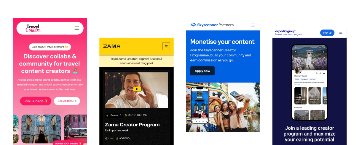 Reference collection of competing travel creator program landing pages