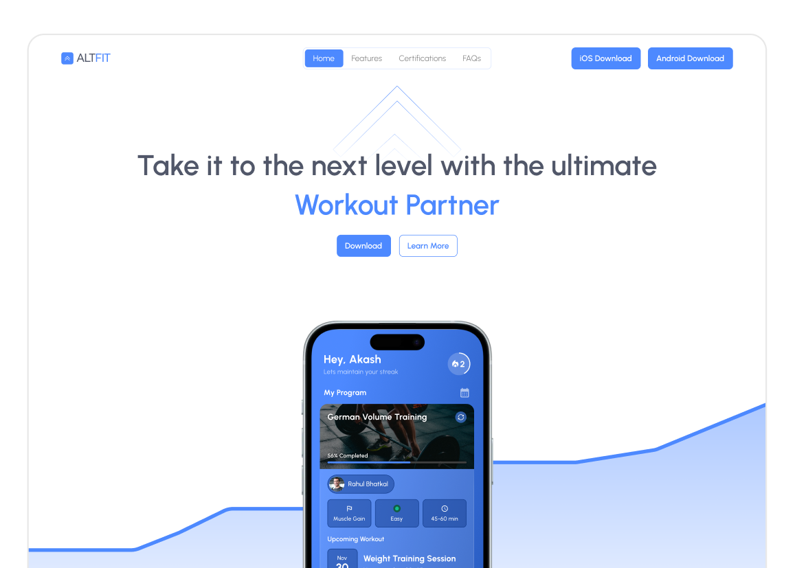 Altfit landing page hero with Workout Partner headline and app mockup