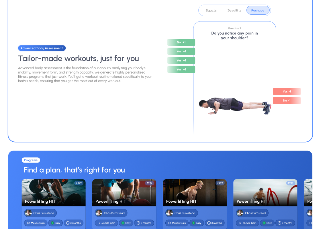 Altfit advanced body assessment and programs section UI