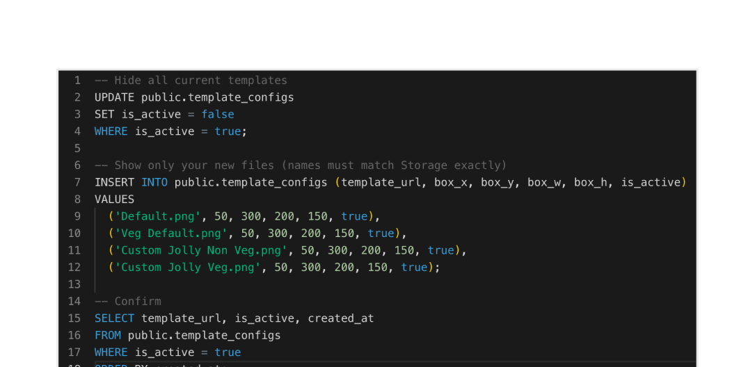 Supabase SQL used to activate and manage Yess Chef print templates
