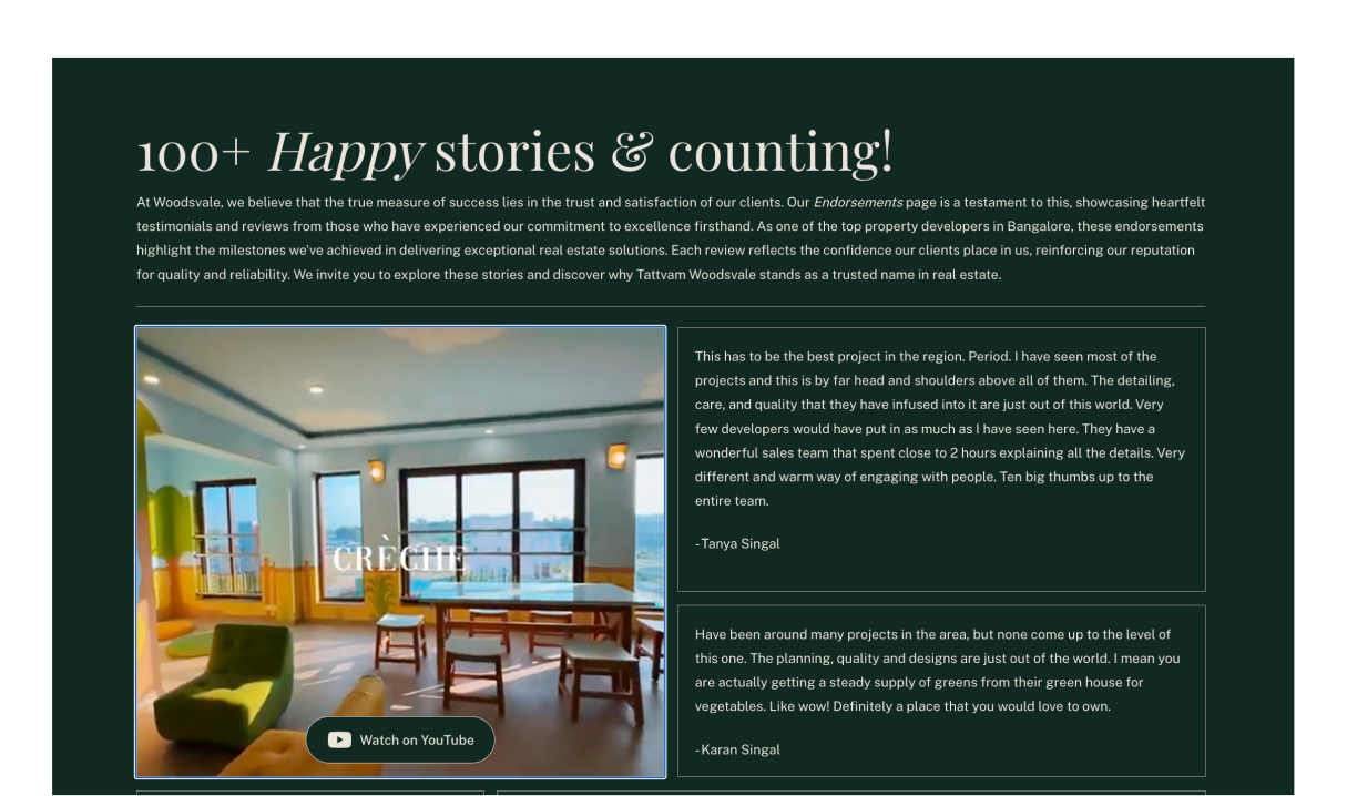 Woodsvale endorsements section with happy stories and resident testimonials