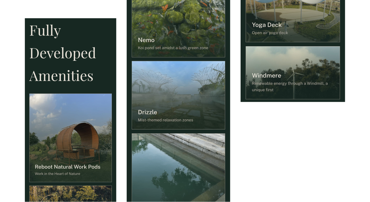 Woodsvale fully developed amenities section including work pods, koi pond, and yoga deck