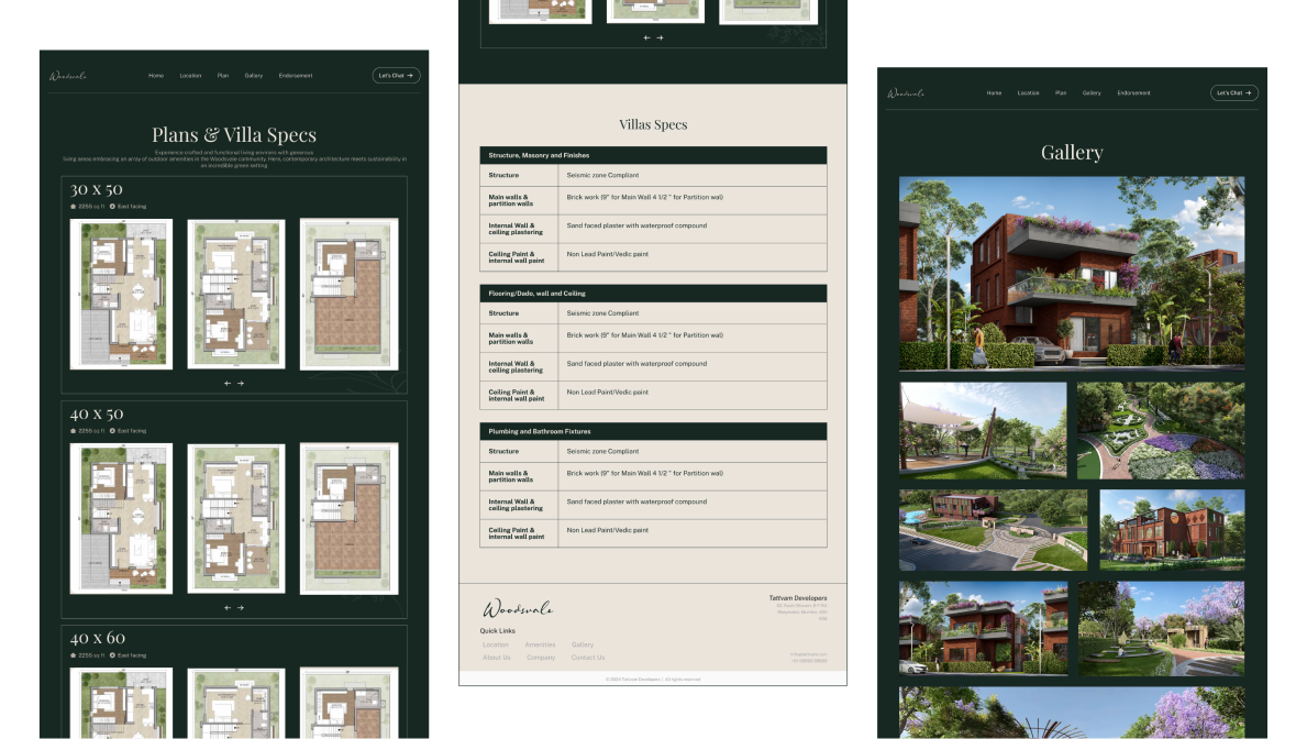 Woodsvale Webflow pages for plans, villa specs, and gallery