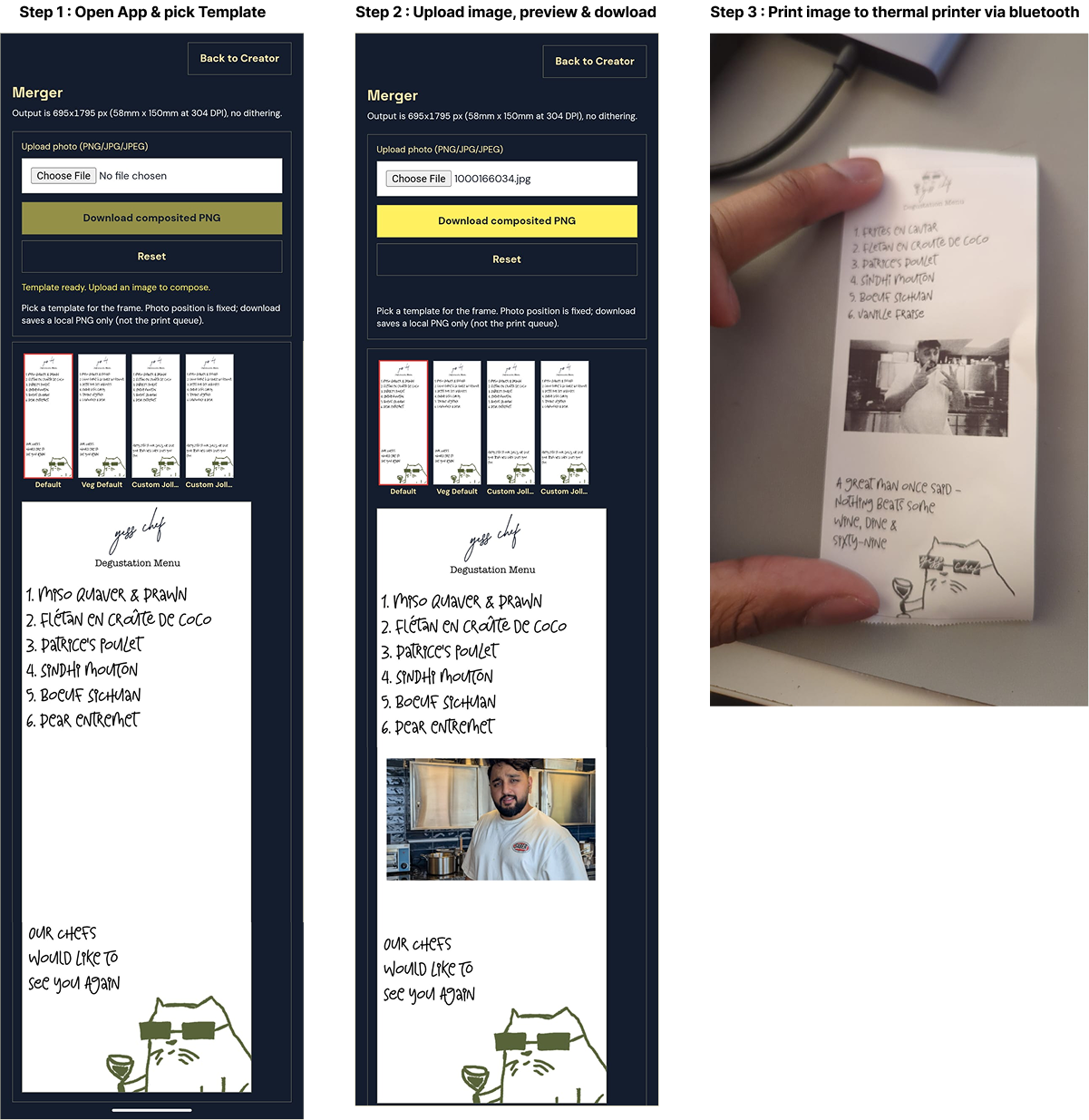 Yess Chef Merger app interface and printed degustation memento output