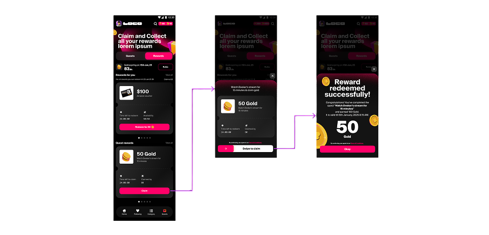 Loco rewards — quest claim, swipe to claim, and redemption success