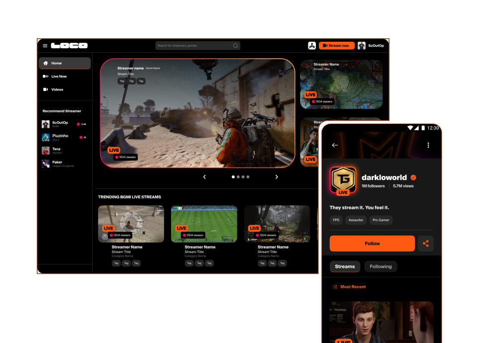 Loco design system — desktop home feed and mobile streamer profile