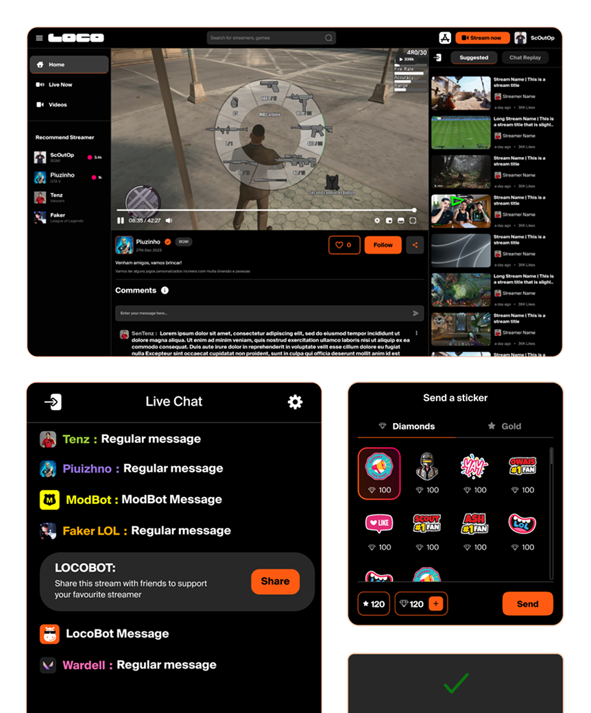 Loco live stream player, chat, and sticker gifting surfaces