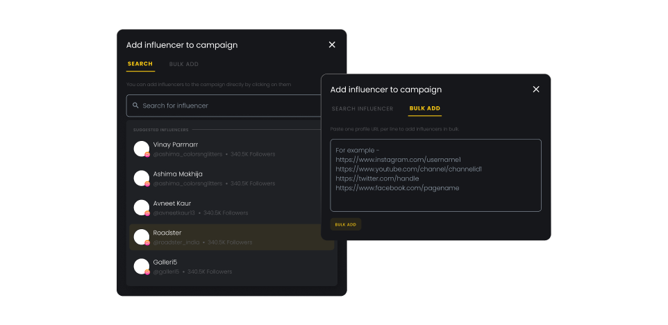 Galleri5 add influencer to campaign — search and bulk add
