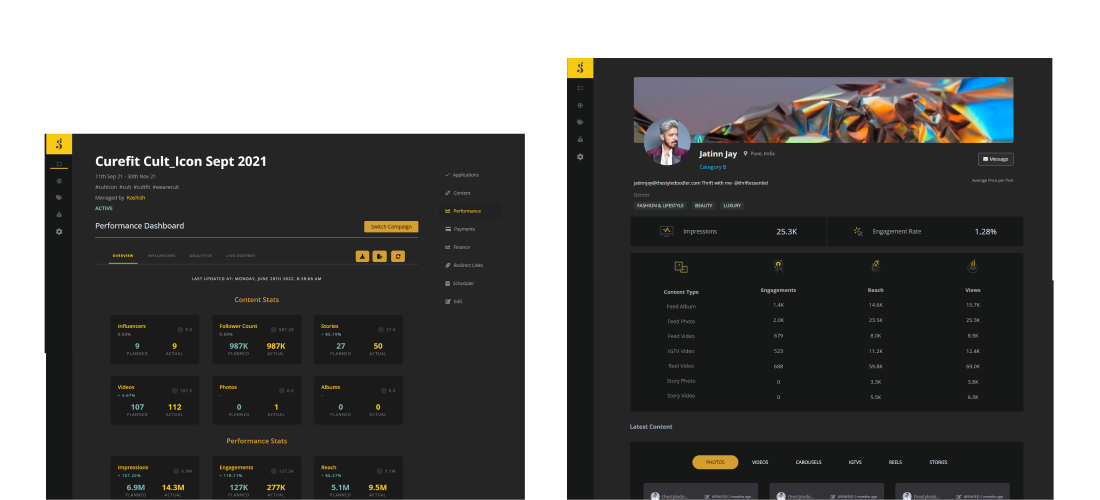 Before — earlier Galleri5 campaign performance and influencer profile screens