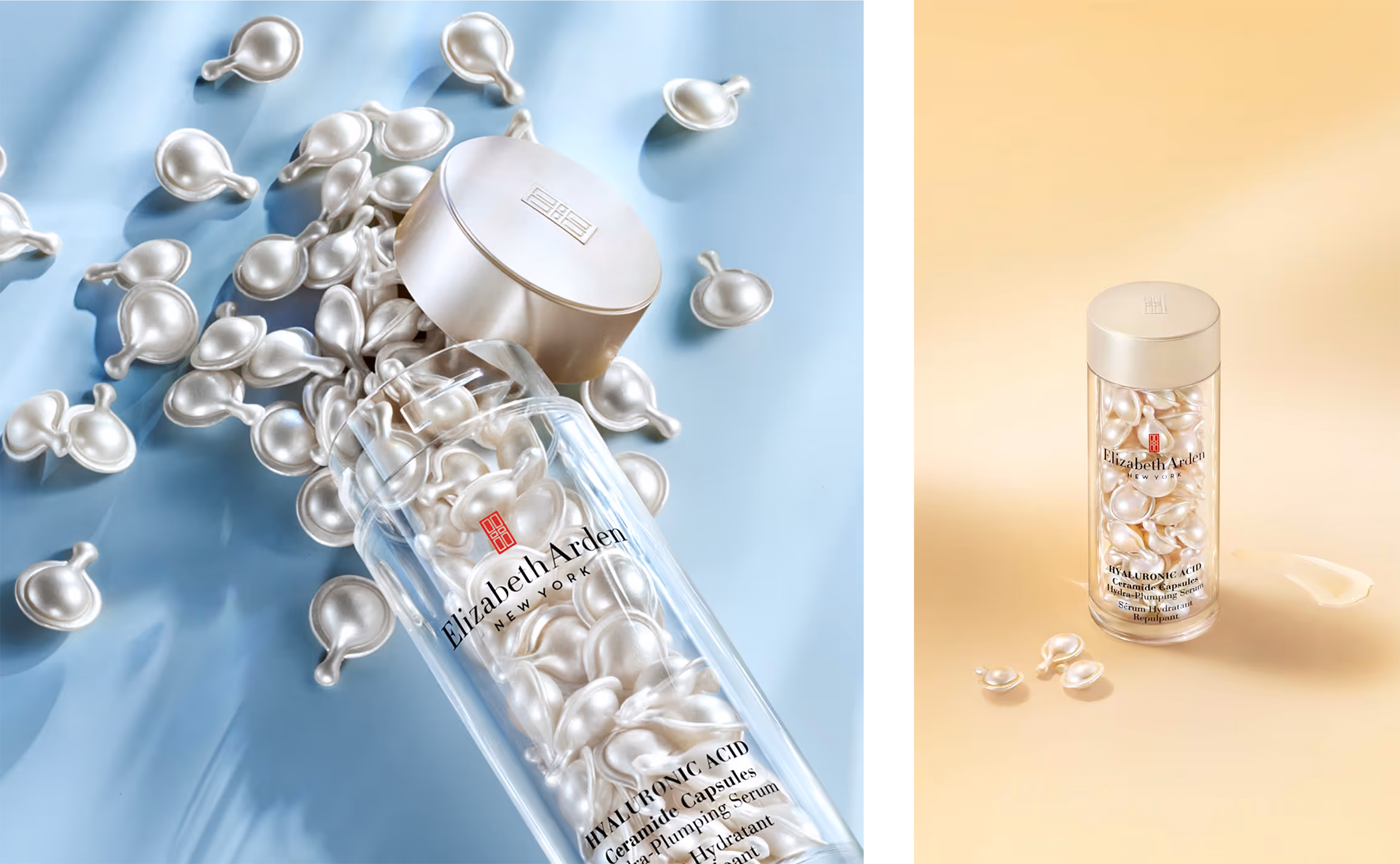 Two images of a clear bottle labeled Elizabeth Arden Hyaluronic Acid Ceramide Capsules Hydra-Plumping Serum with a gold cap, filled with pearl-like capsules on blue and beige backgrounds.