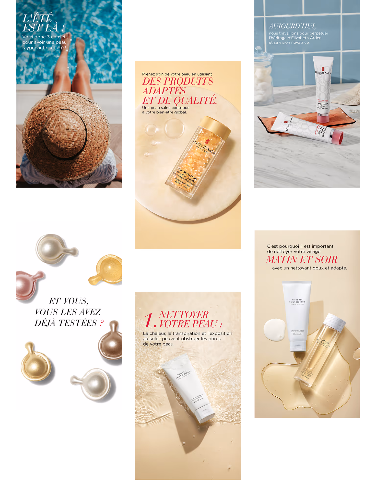 Elizabeth Arden skincare products displayed with French text advising summer skincare tips including using quality products and cleaning skin morning and night.