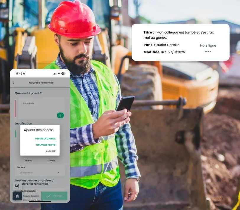 Les équipes sur le terrain (chantier) peuvent déclarer un incident, faire remonter une information depuis l'application mobile QHSE Dyo, by Symalean.