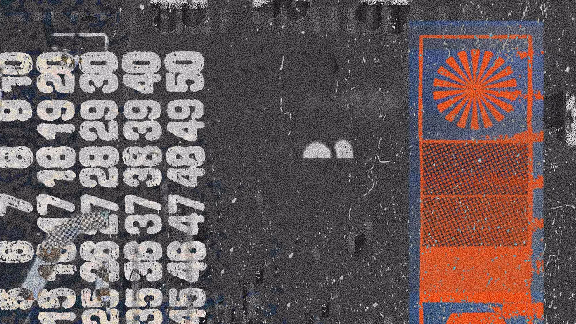 A close-up of a poster. There are many layers of found typography and texture combined to create a composition.