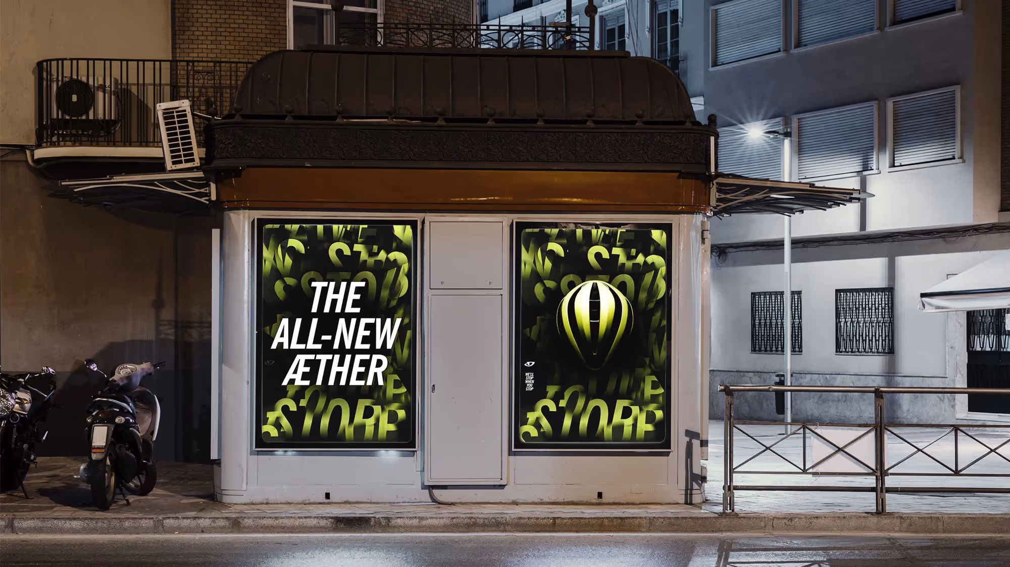 Two Giro posters, one with the Aether helmet, and the other with text saying "The all-new Aether".
