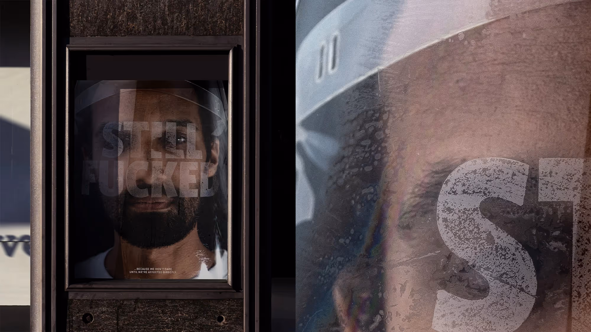 A diptych of a poster in-situ, and a detail of the same poster.