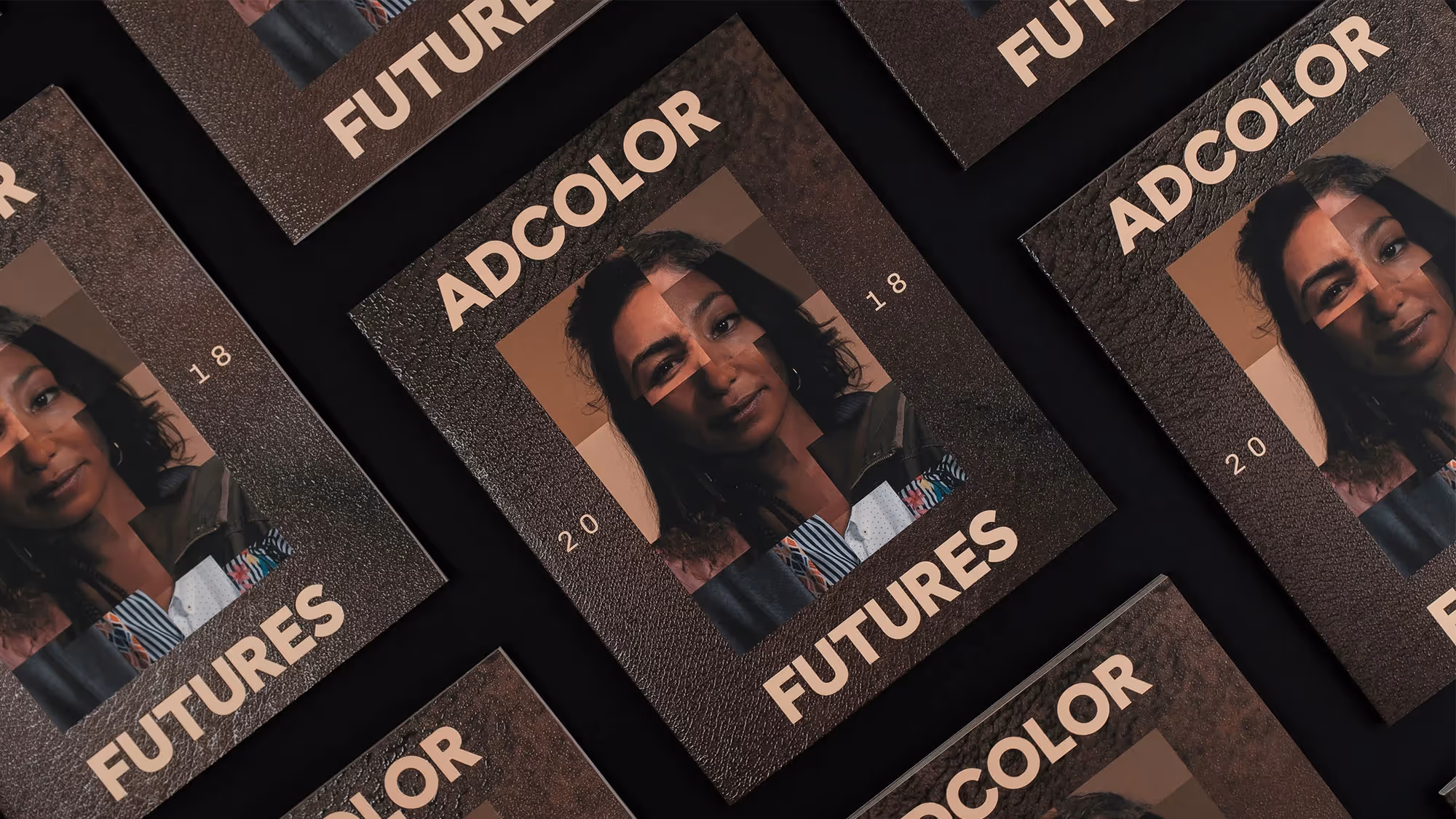 An isometric grid of the Adcolor Futures publication. A woman's face is constructed from multiple participants using a collage technique.