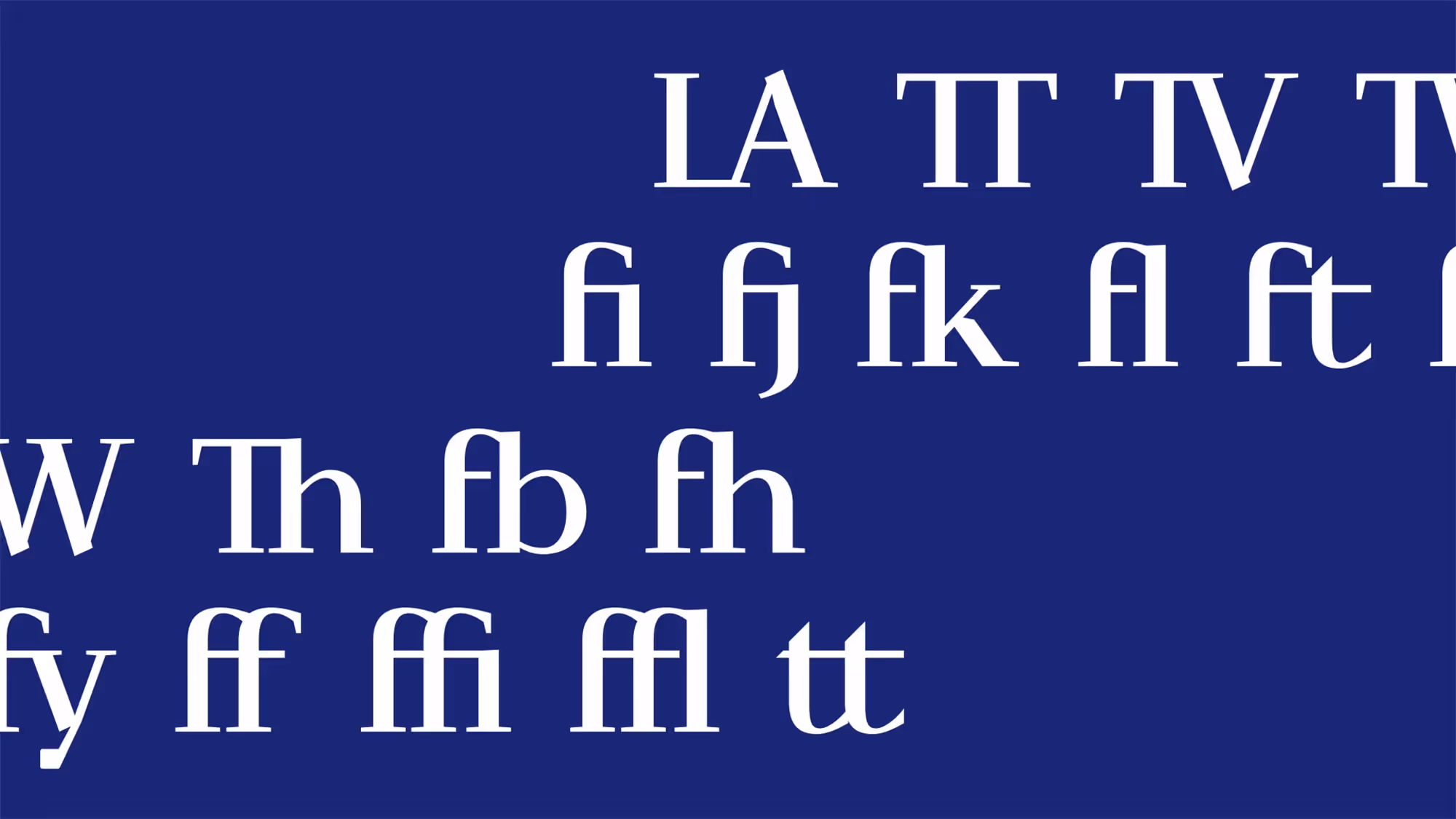 Various ligatures from the typeface are shown on a flat blue background.