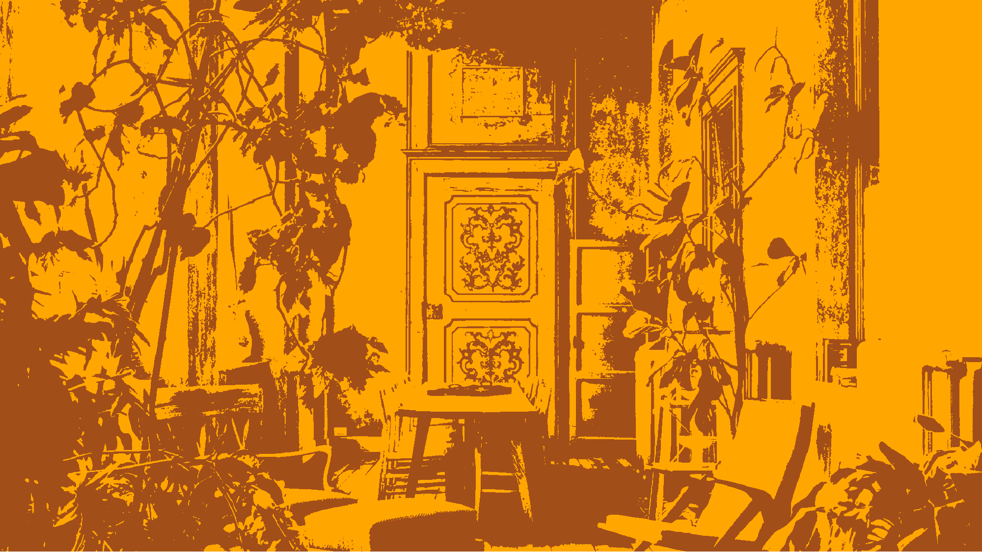 An 1800's French-style dining room with a mixture of plants and mid-century modern furniture.