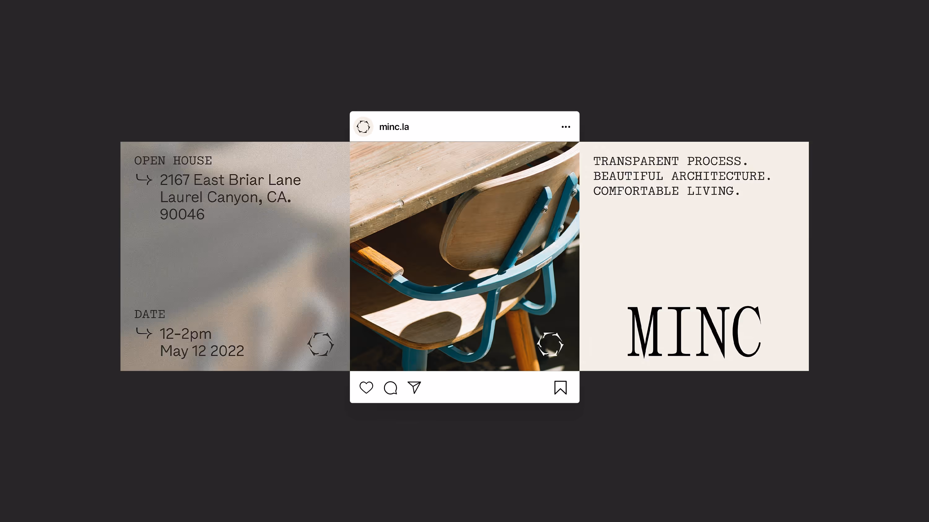 An Instagram carousel promoting an open house hosted by Minc.