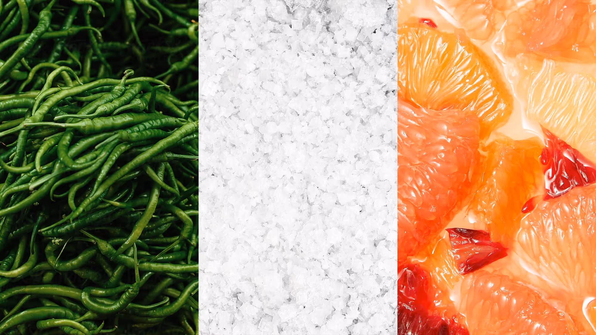 Three images that show the main ingredients of yuzu koshō.