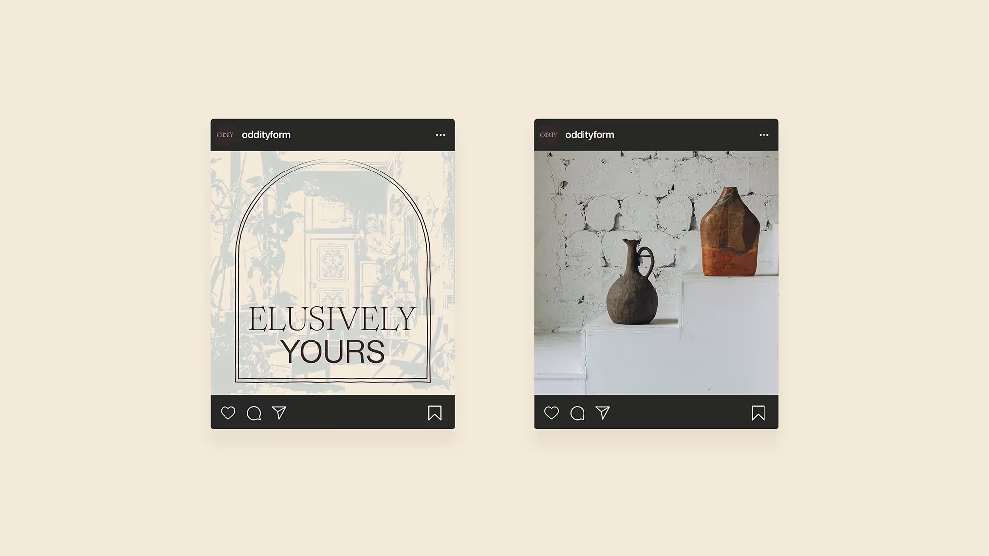 Two branded Instagram posts. One features the graphic system and text; the other has a picture of two vases.