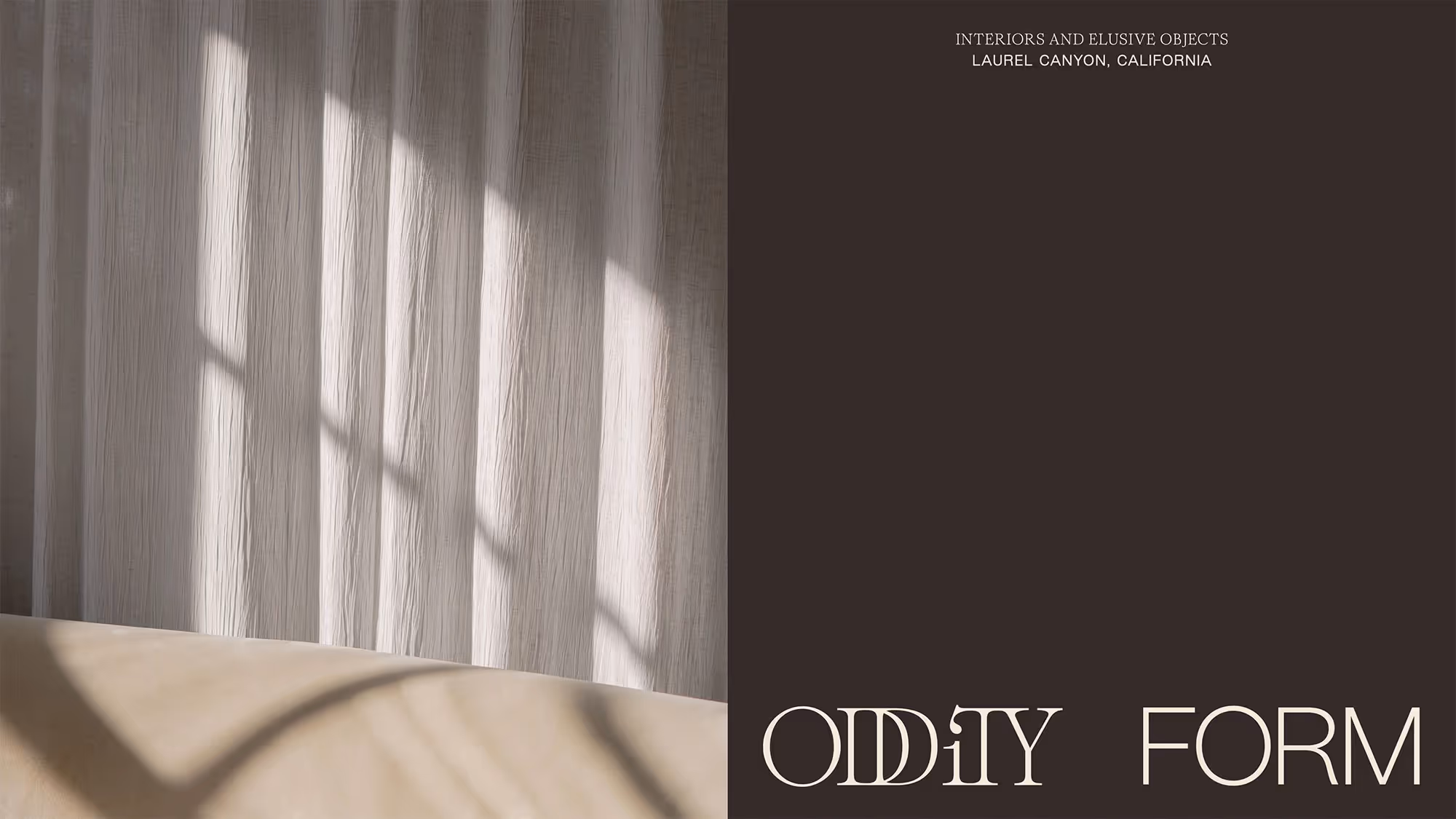 A diptych with an image of curtains on the left side, and on the right side, a type composition featuring the Oddity Form logo and tagline.
