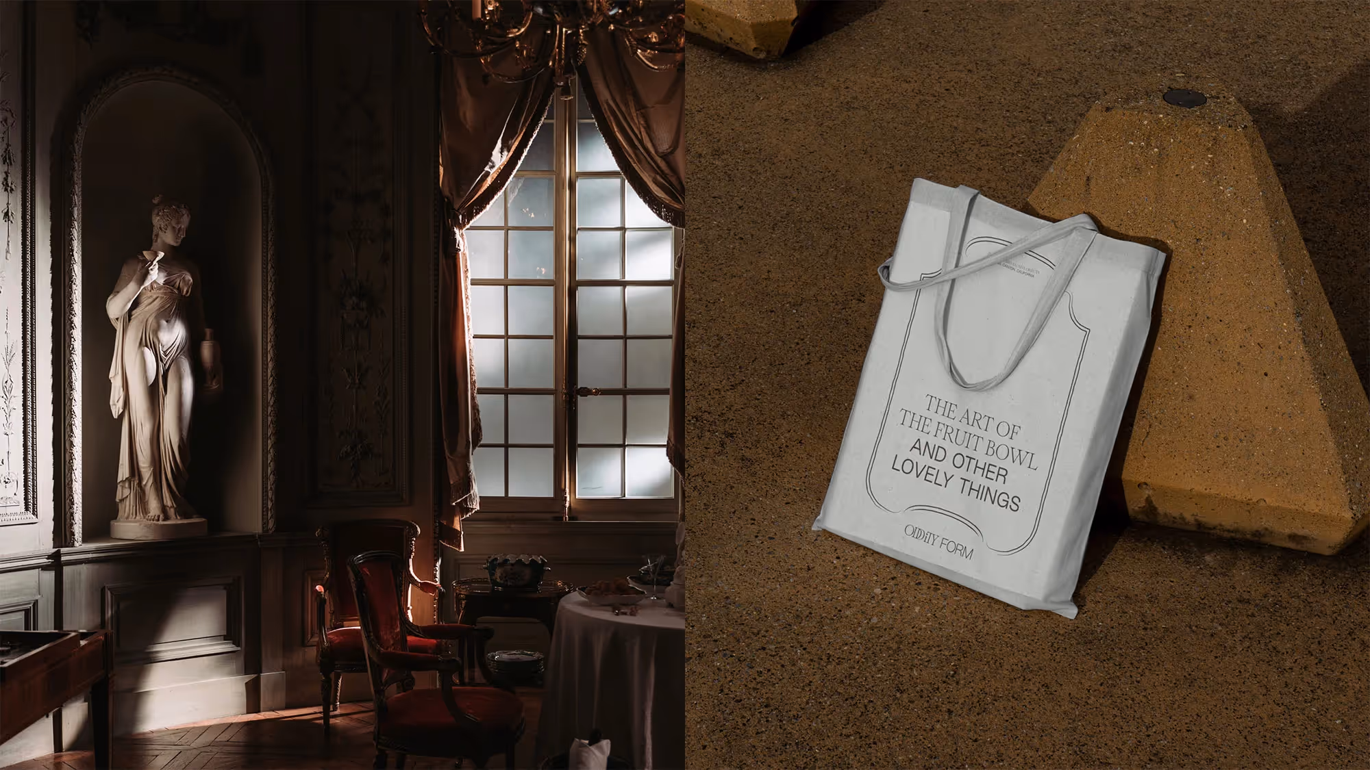 A diptych with a classical French interior on the left side, and a tote bag showing the Oddity Form graphic system on the right side.