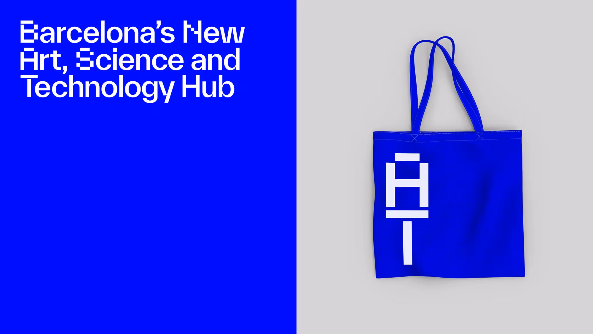 A diptych with a text on the left side and a tote bag on the right side. The text reads "Barcelonas New Art, Science, and Technology Hub".