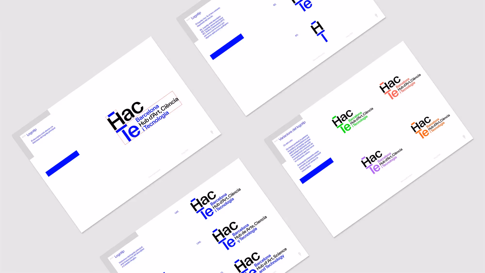 Four stills from the brand manual, shot from an overhead view on a light grey background.