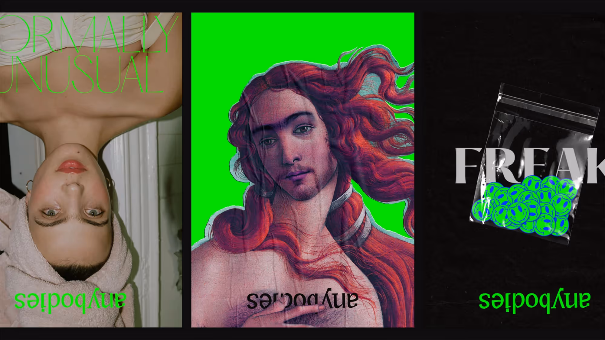 Three Anybodies-branded posters, side by side on a black background.