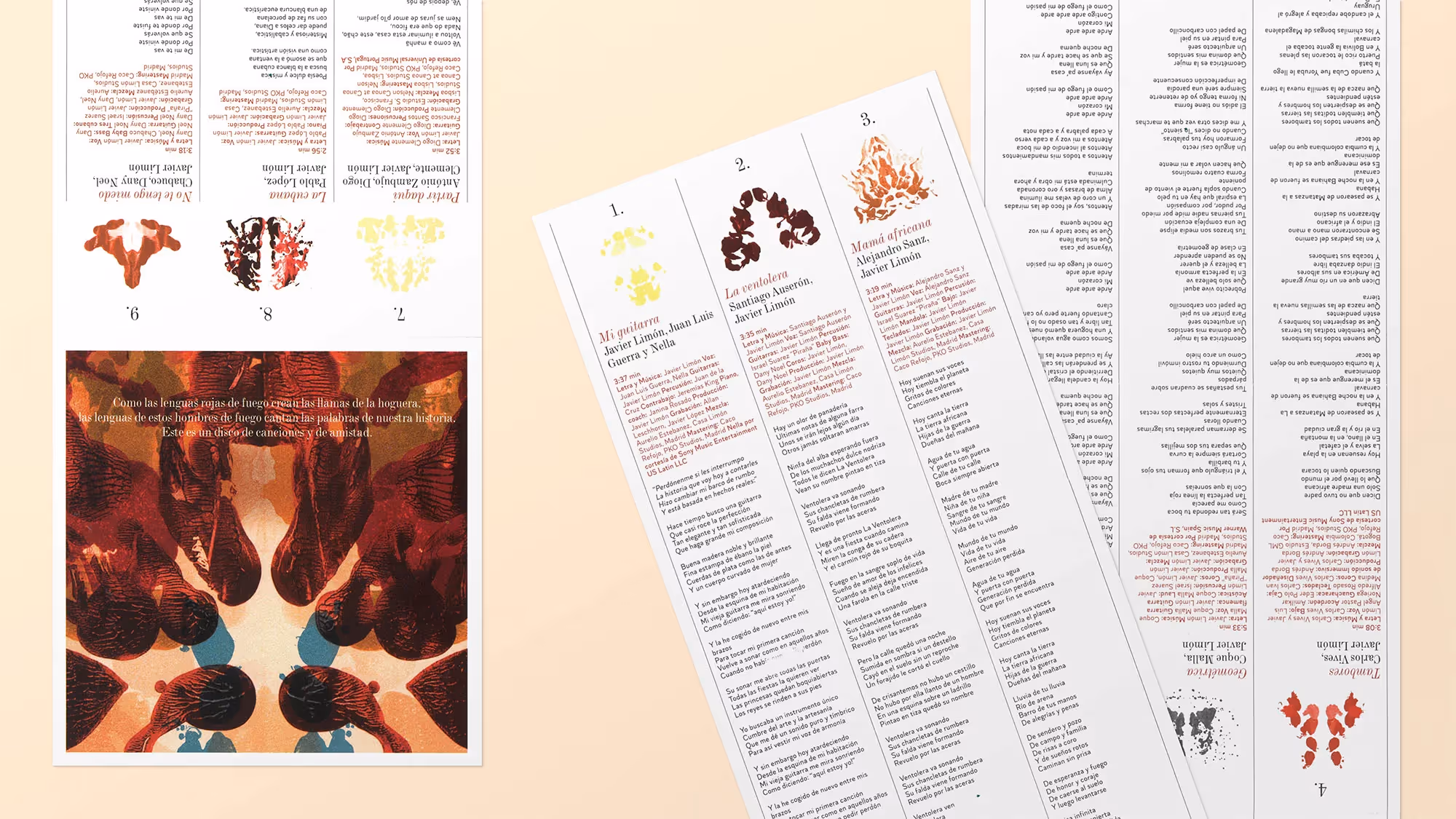 An overhead view of the CD insert, showing song credits and lyrics.
