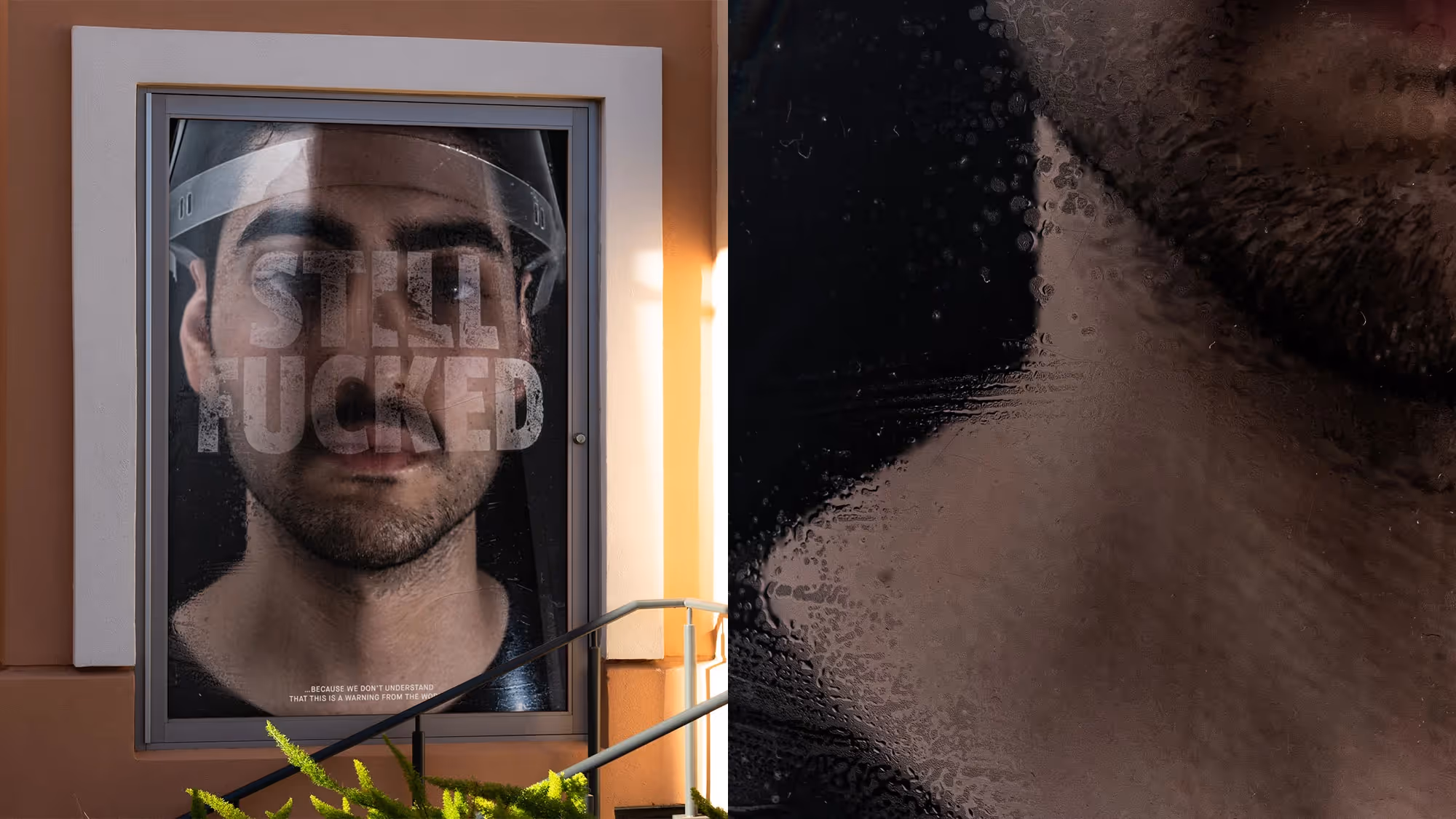 A diptych. On the left side is the poster in a display, on the right side is a close-up detail of the poster.