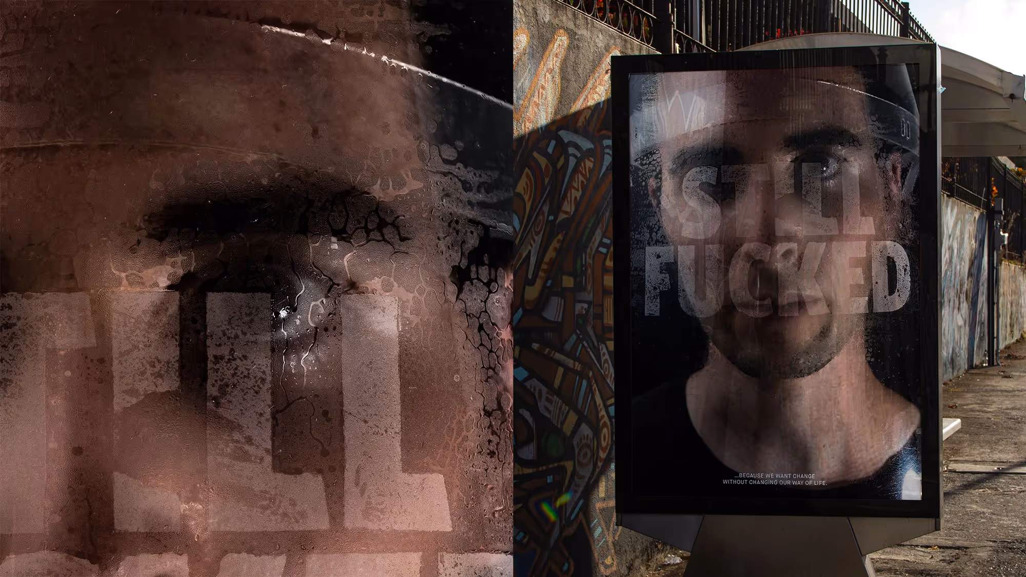 A diptych. On the left side is a close-up of the poster, on the right side is the poster in an advertising display.