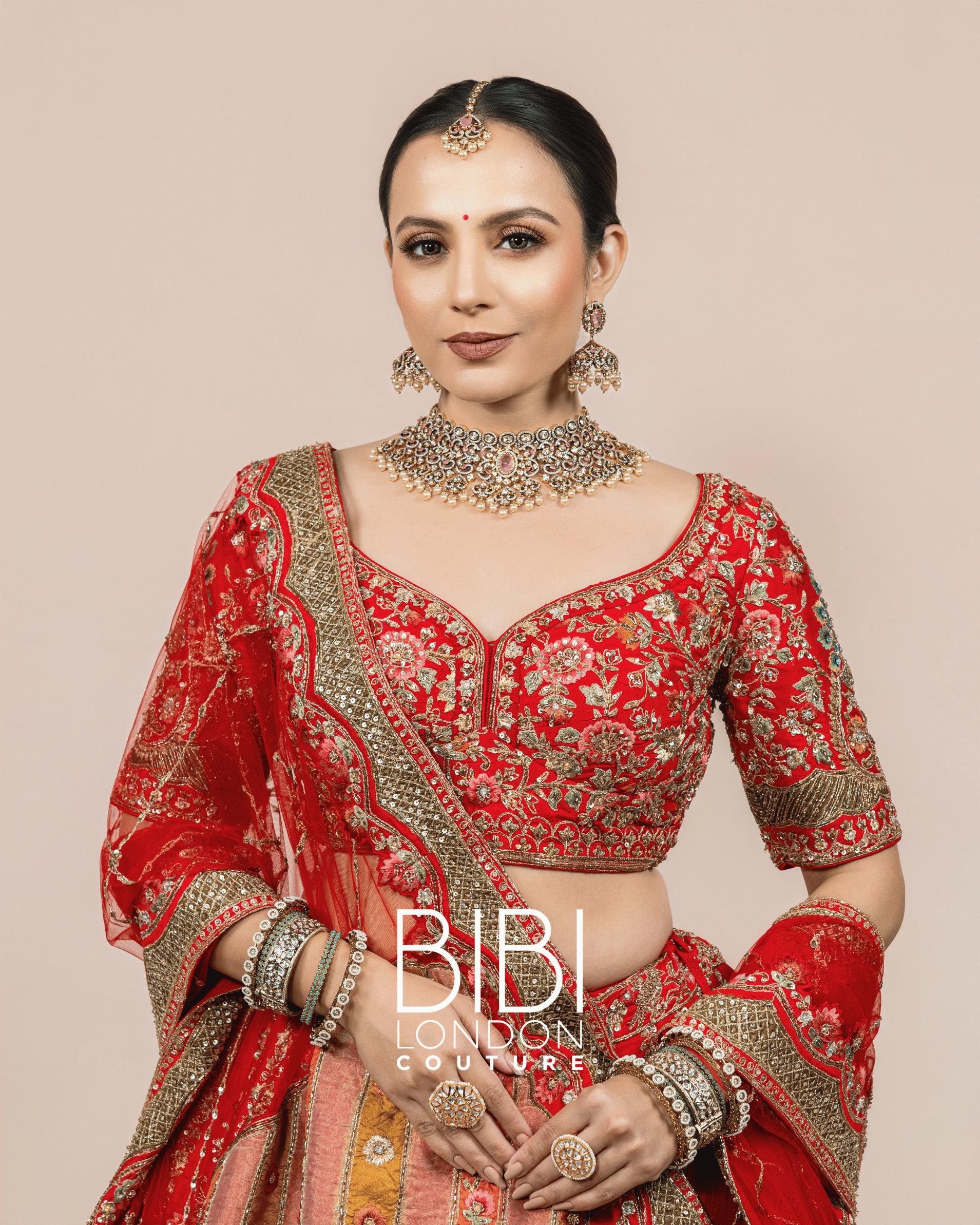 Vermilion Lehenga with Multicolour Panel Embroidery