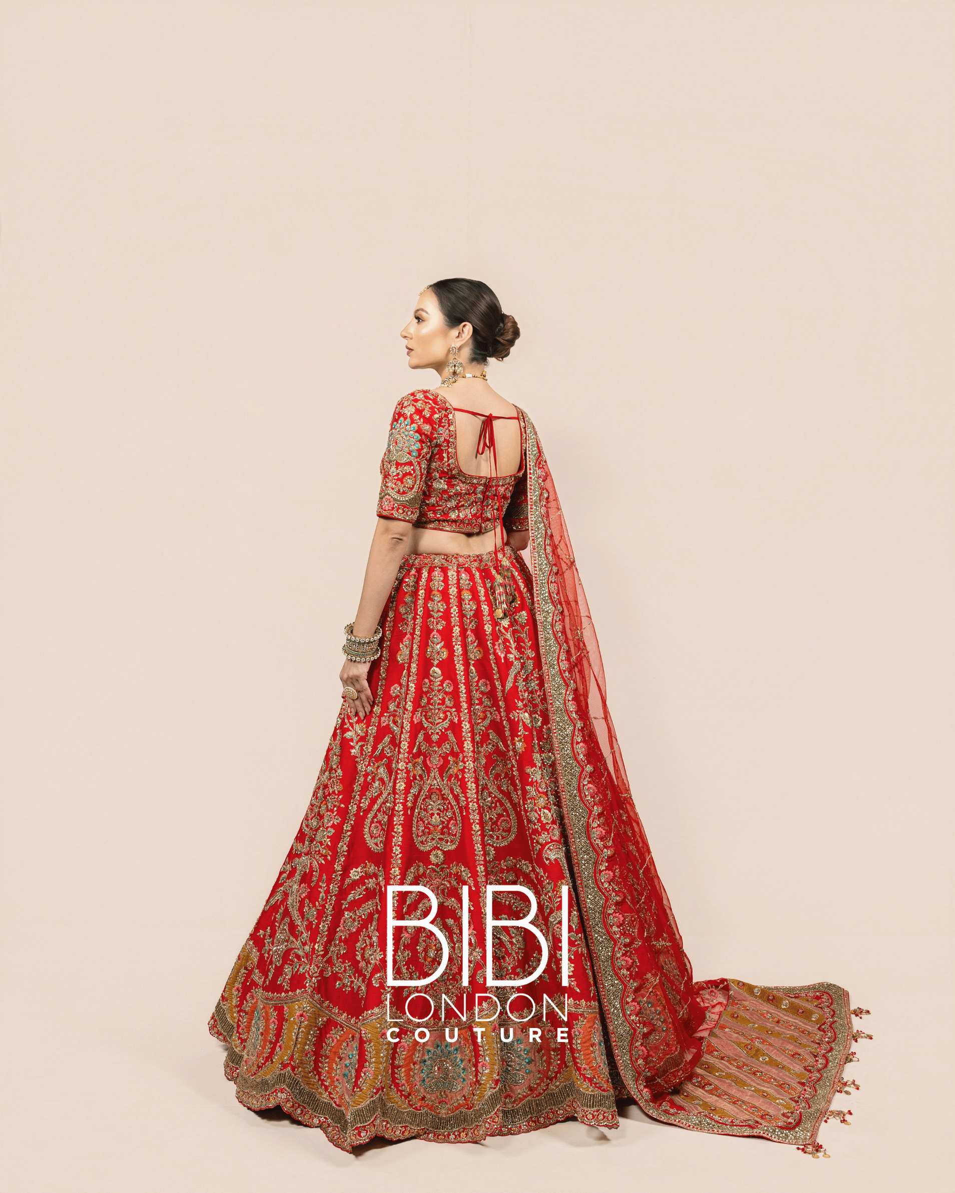 Vermilion Lehenga with Multicolour Panel Embroidery