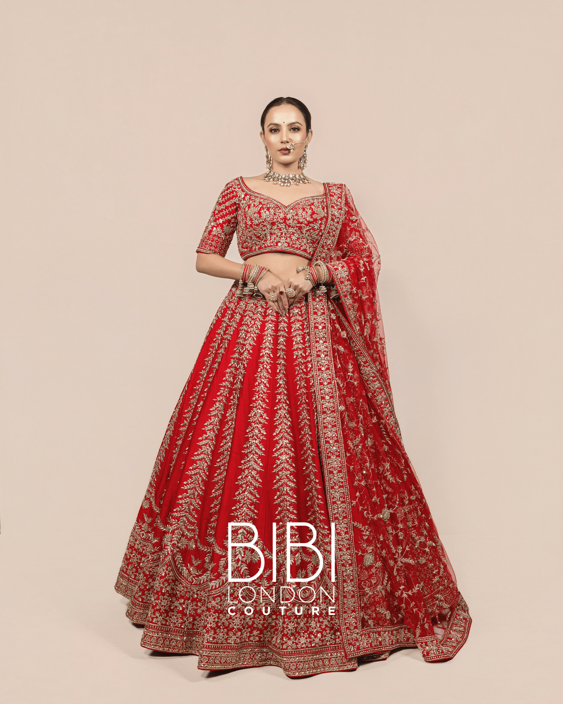 Crimson Leaf Motif Embroidered Bridal Lehenga
