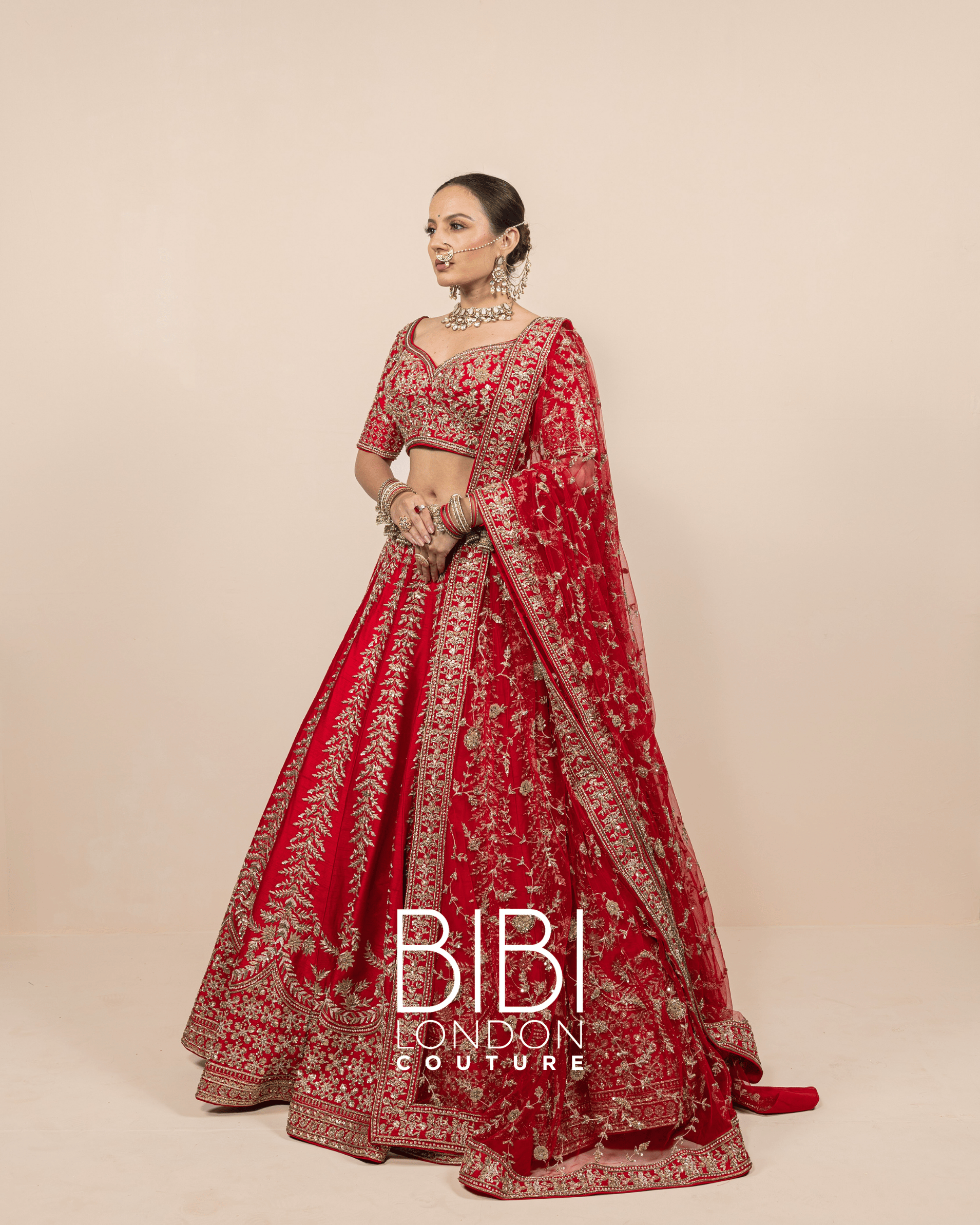 Crimson Leaf Motif Embroidered Bridal Lehenga