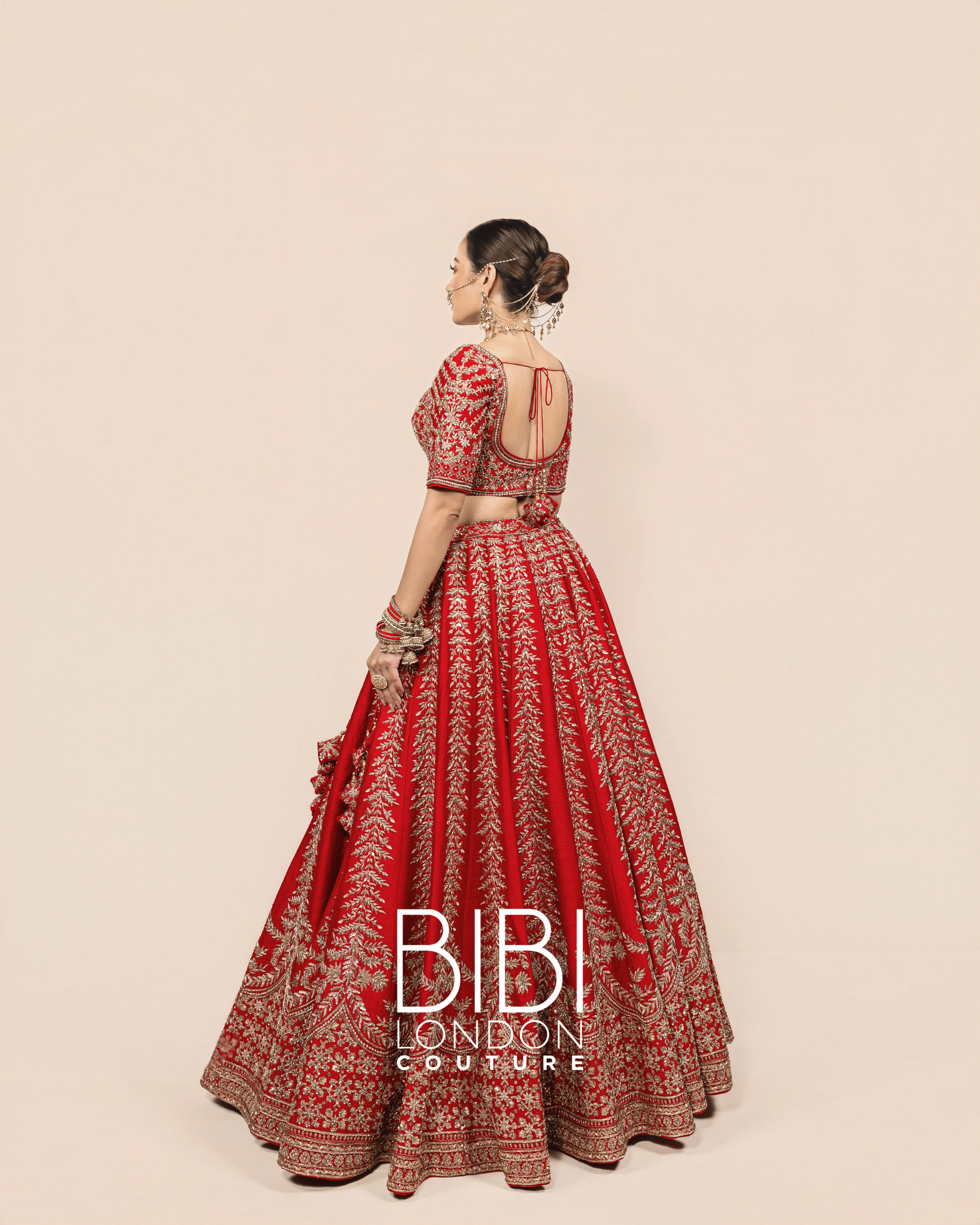 Crimson Leaf Motif Embroidered Bridal Lehenga
