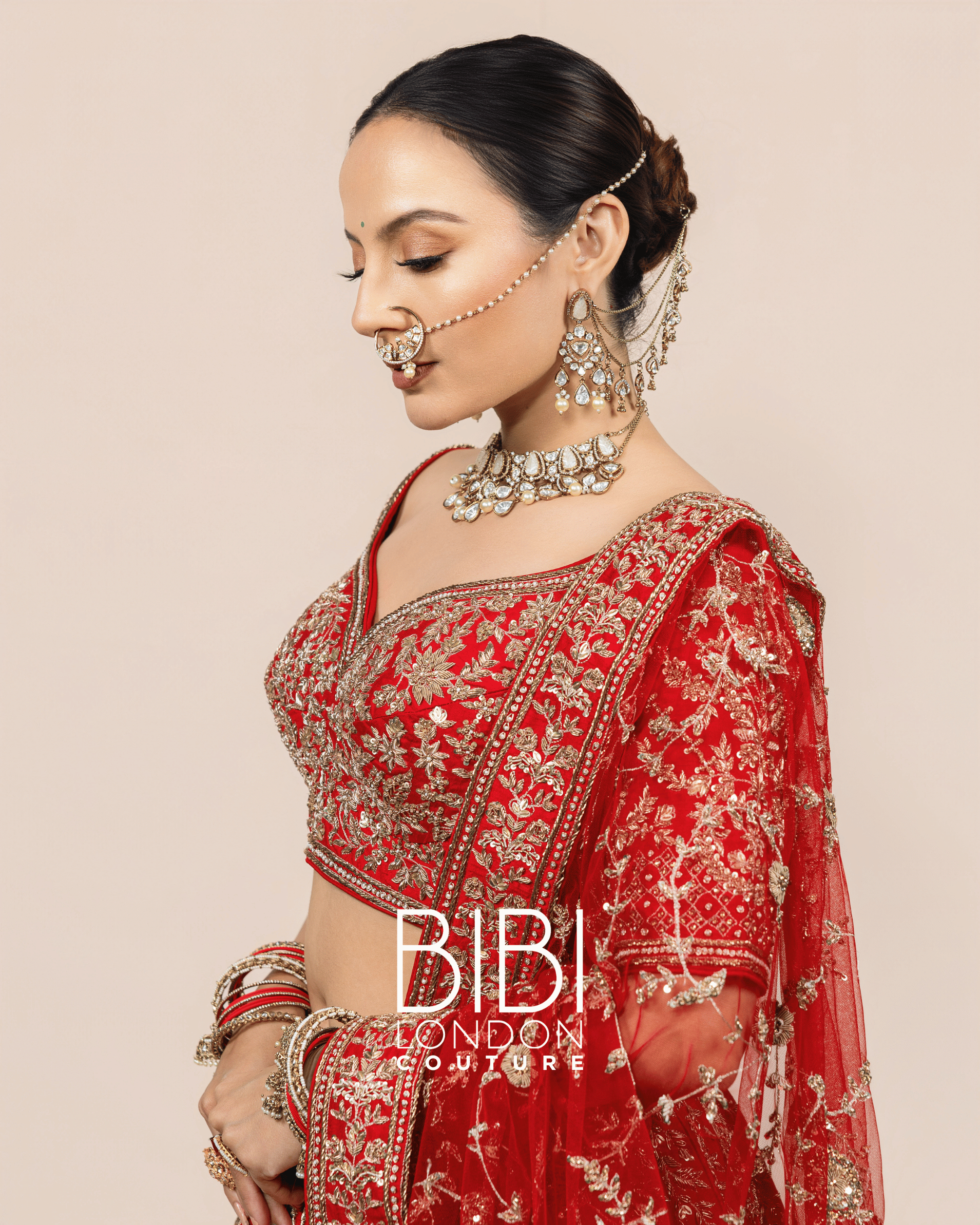 Crimson Leaf Motif Embroidered Bridal Lehenga