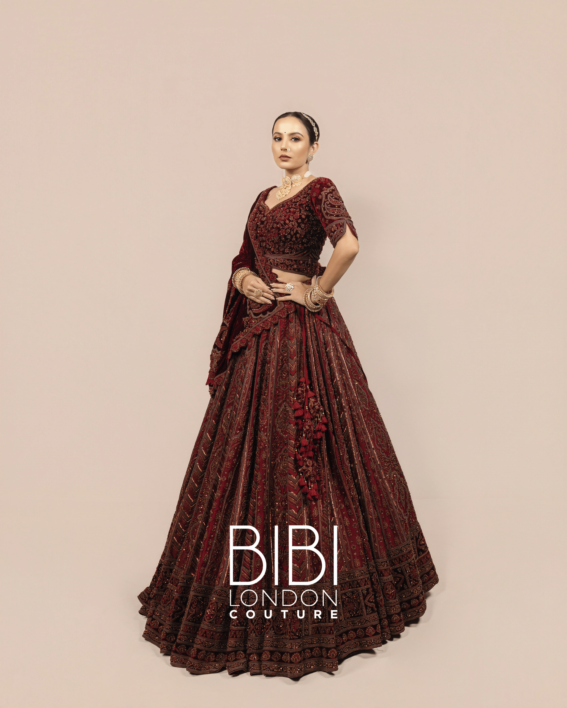 Maroon Velvet Embroidered Lehenga with Antique Detailing