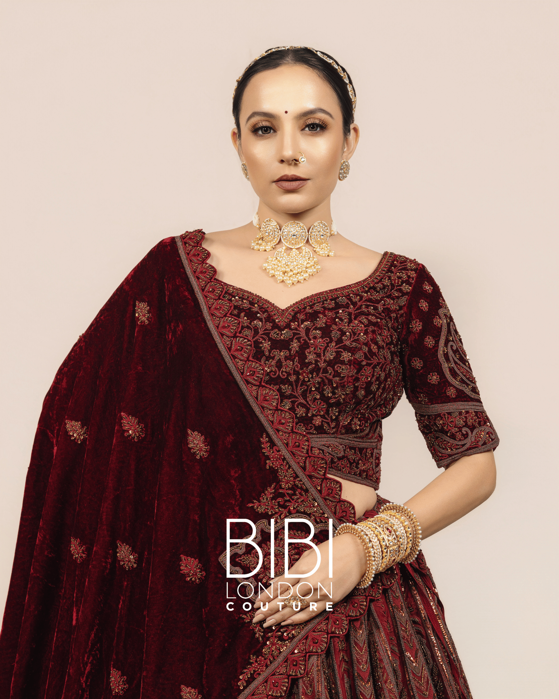 Maroon Velvet Embroidered Lehenga with Antique Detailing
