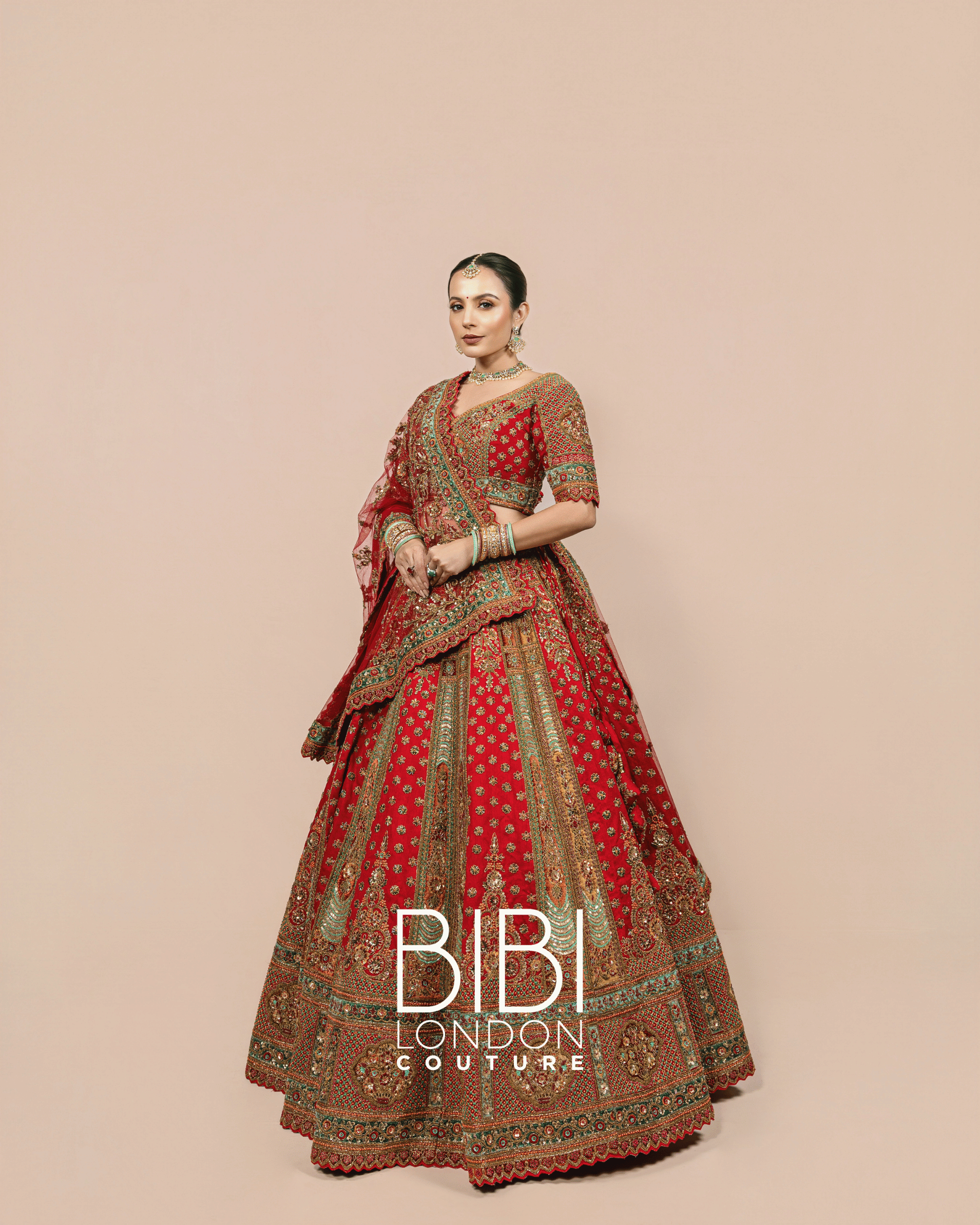 Red and Sage Mughal-Inspired Embroidered Lehenga