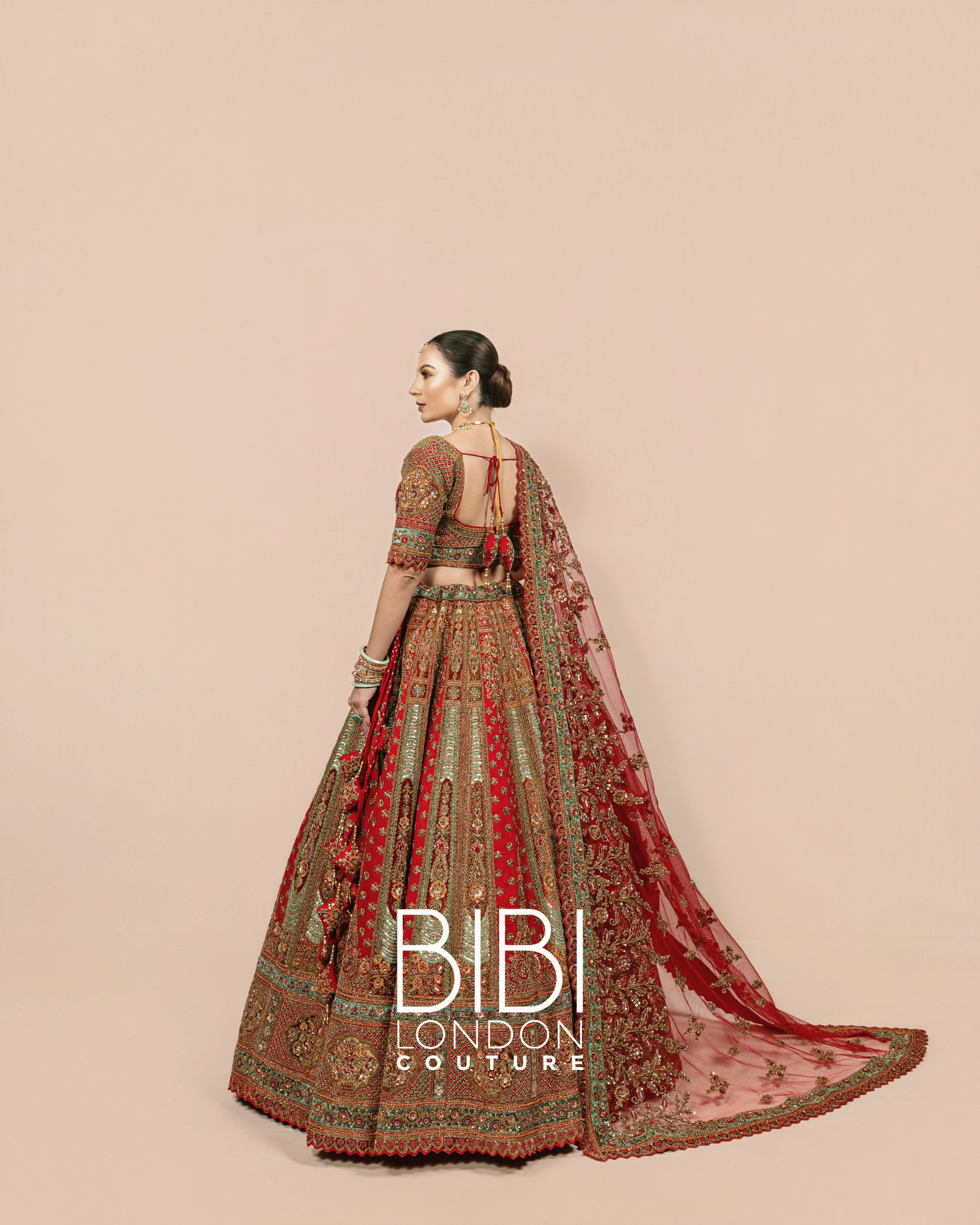 Red and Sage Mughal-Inspired Embroidered Lehenga