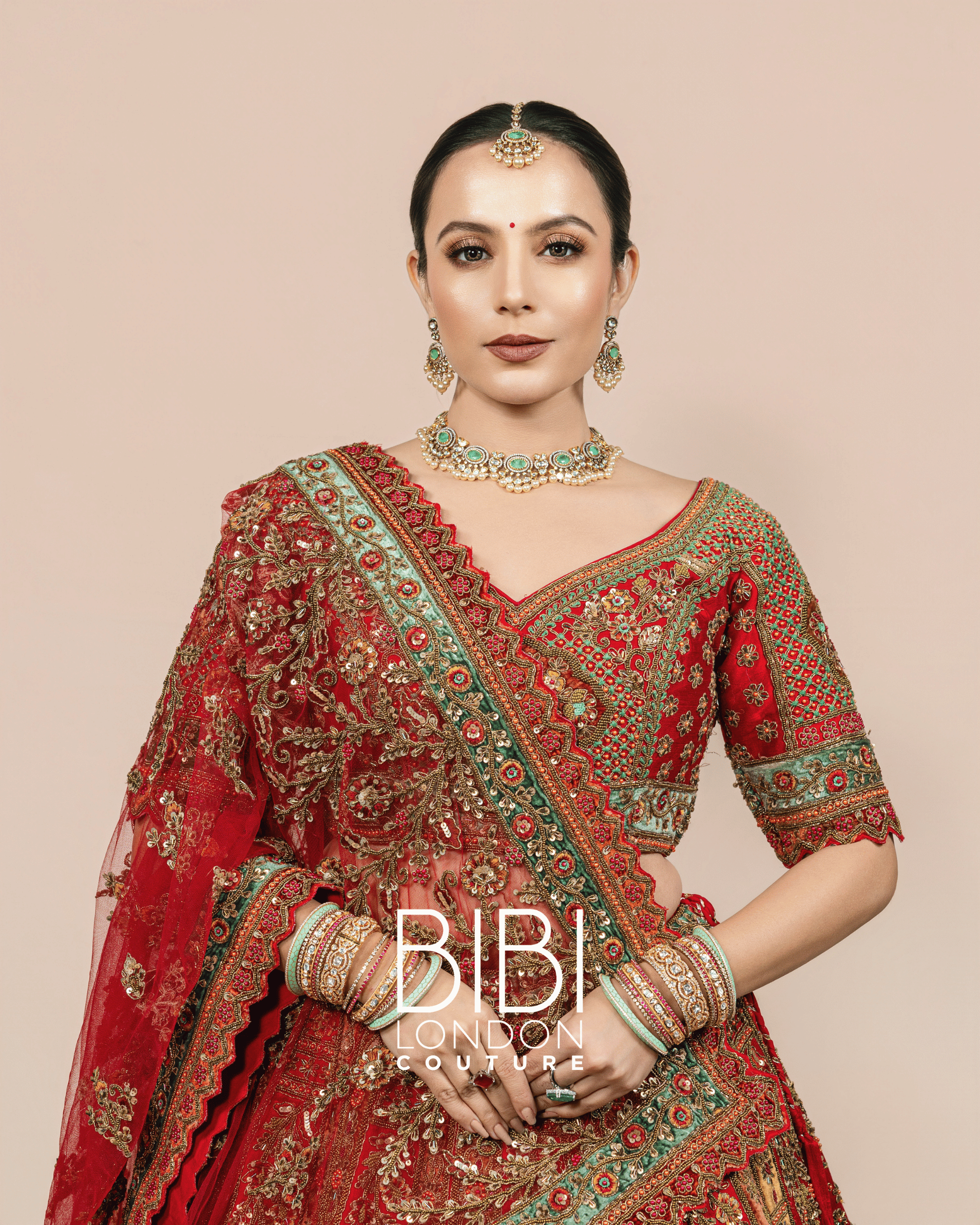 Red and Sage Mughal-Inspired Embroidered Lehenga